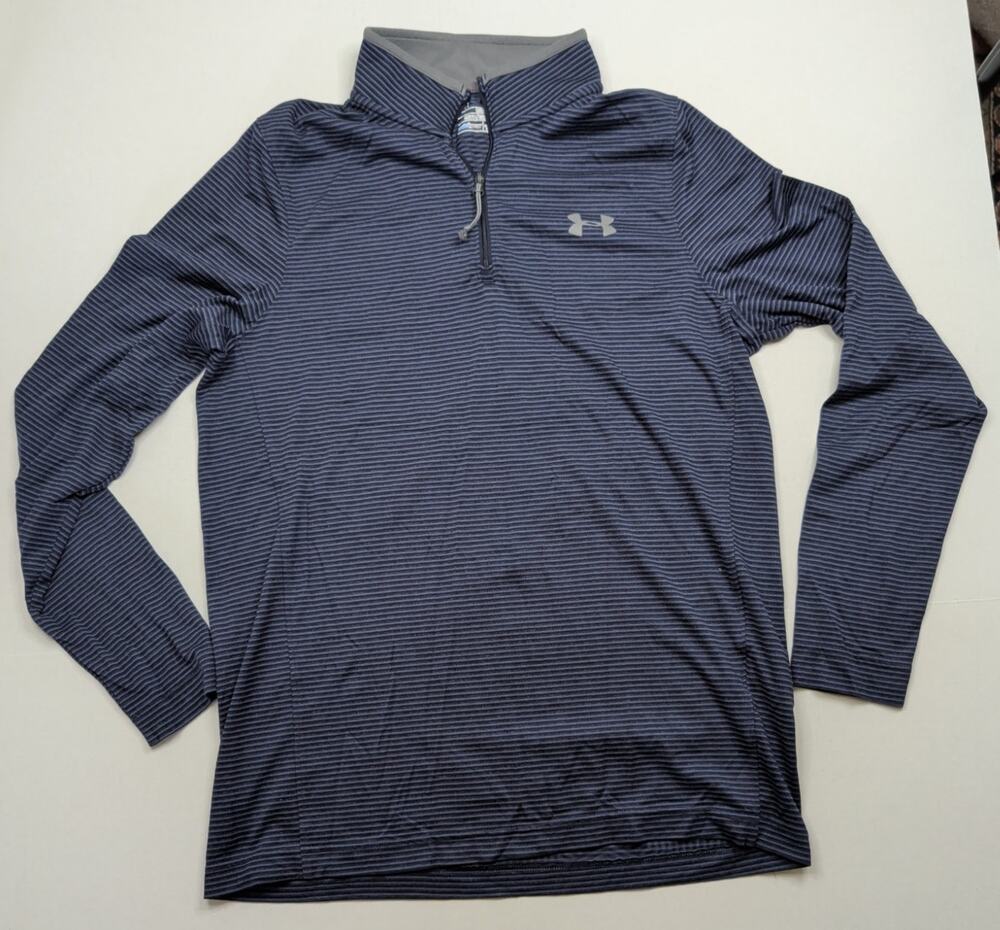 Under Armour Shirt Men’s Small L Blue Gray Striped Long Sleeve Mock Neck ¼ Zip